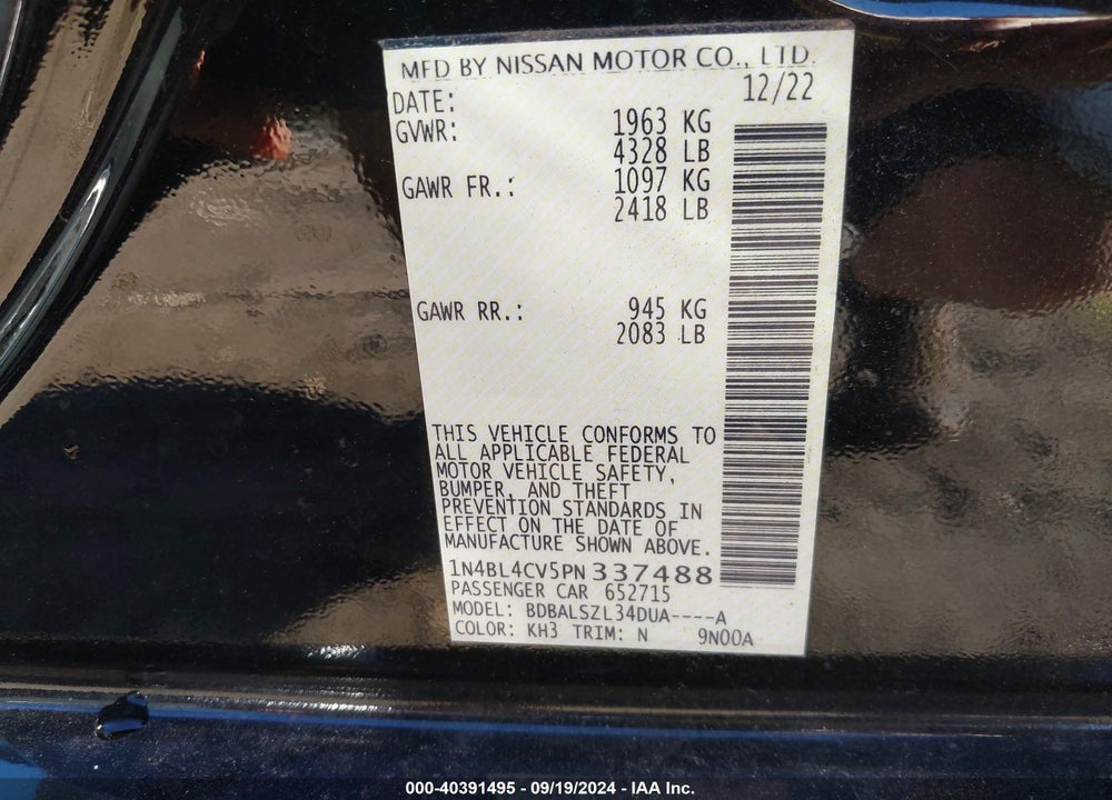 2023 NISSAN ALTIMA SR FWD VIN: 1N4BL4CV5PN337488