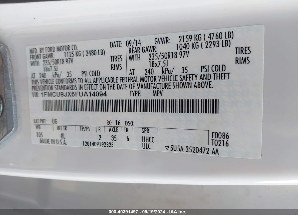 2015 FORD ESCAPE TITANIUM VIN: 1FMCU9JX6FUA14094