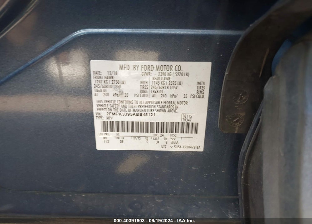 2019 FORD EDGE SEL VIN: 2FMPK3J95KBB45121