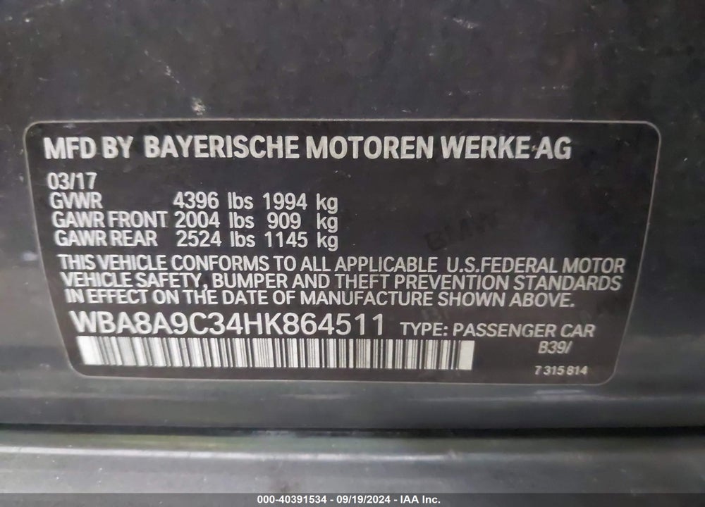2017 BMW 320I VIN: WBA8A9C34HK864511