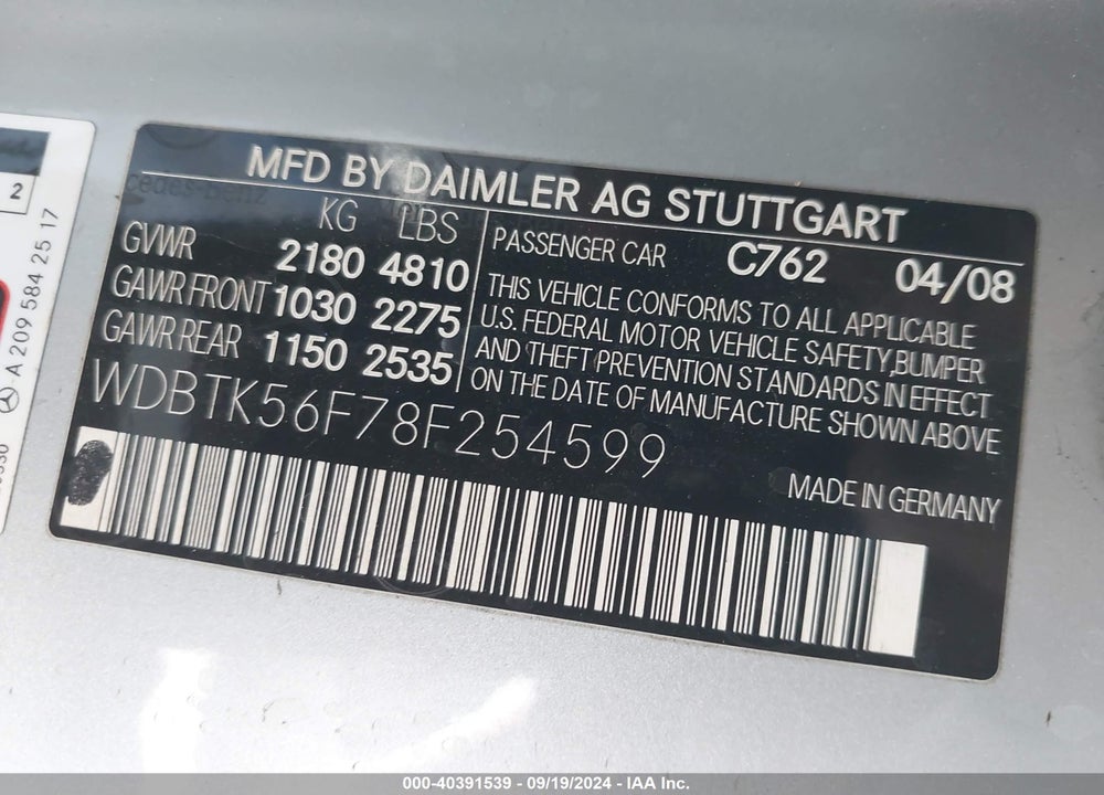 2008 MERCEDES-BENZ CLK 350 VIN: WDBTK56F78F254599