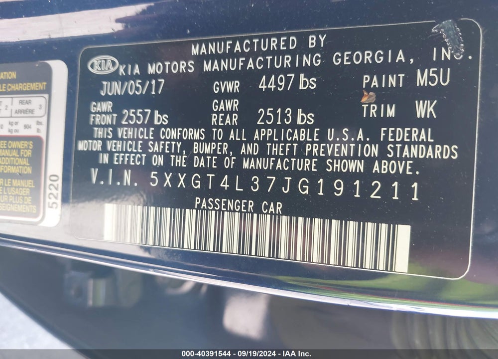 2018 KIA OPTIMA S VIN: 5XXGT4L37JG191211