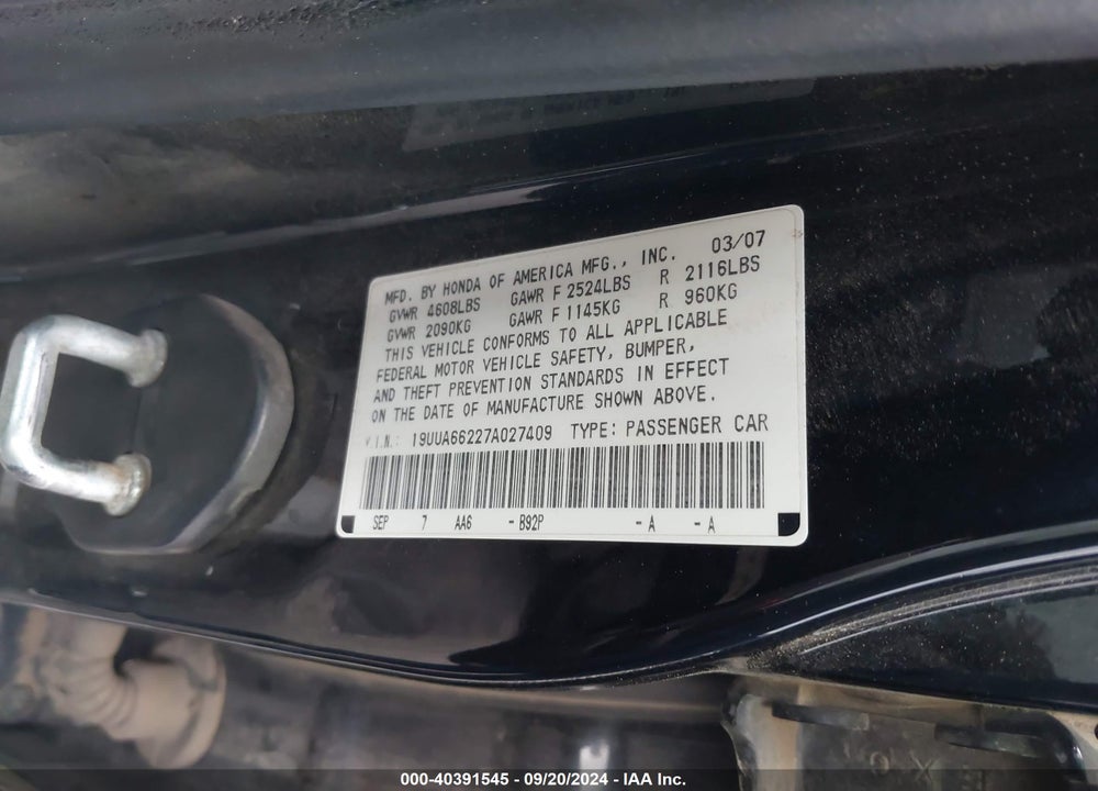 2007 ACURA TL 3.2 VIN: 19UUA66227A027409