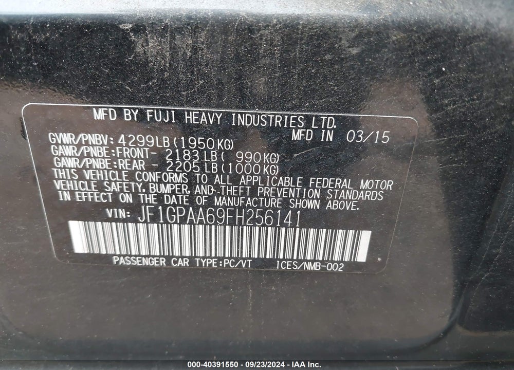 2015 SUBARU IMPREZA 2.0I VIN: JF1GPAA69FH256141