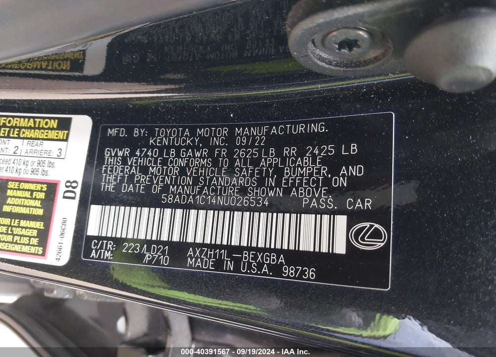 2022 LEXUS ES 300H VIN: 58ADA1C14NU026534