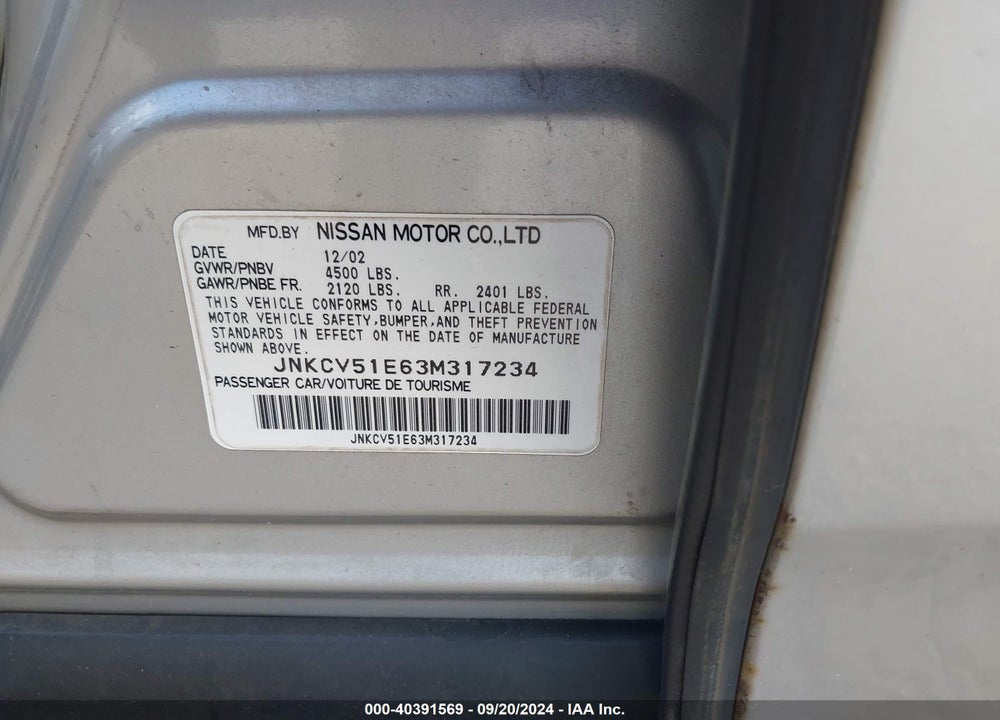 2003 INFINITI G35 VIN: JNKCV51E63M317234