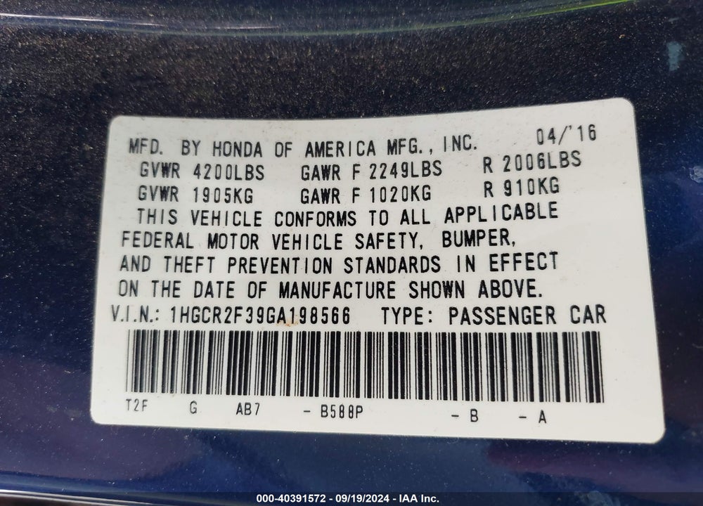 2016 HONDA ACCORD LX VIN: 1HGCR2F39GA198566