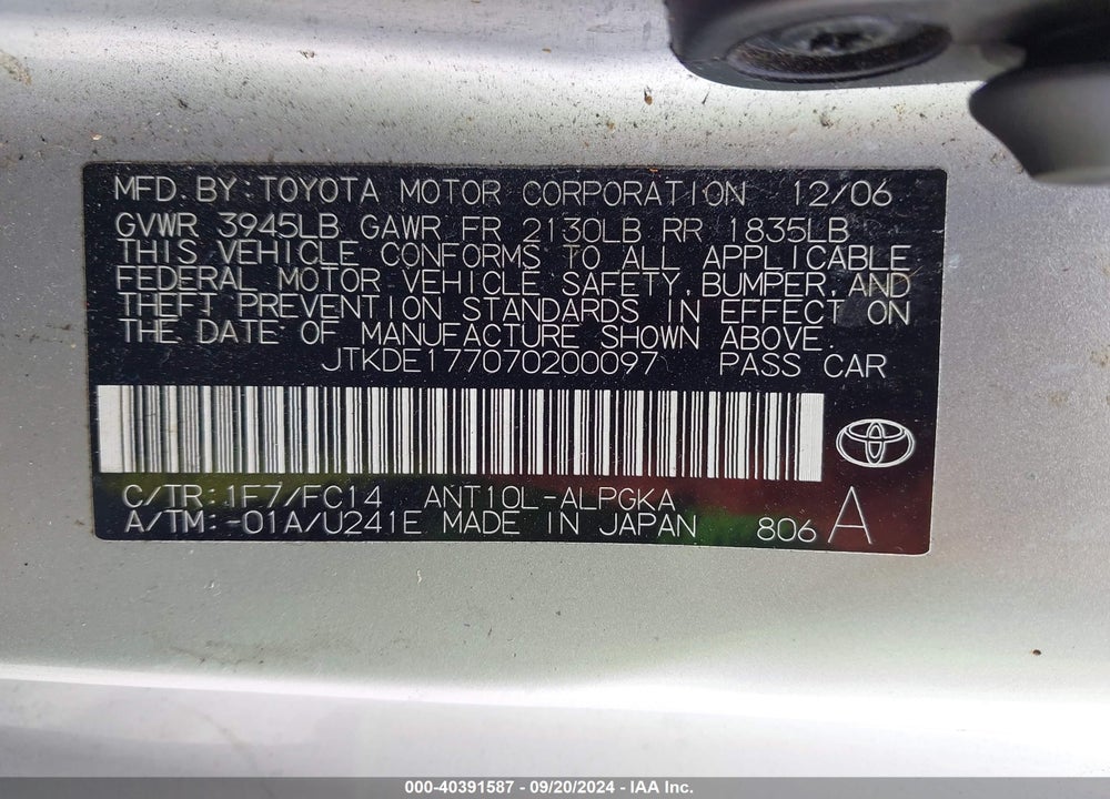 2007 SCION TC VIN: JTKDE177070200097