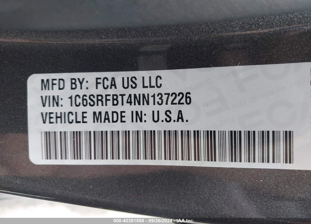 2022 RAM 1500 BIG HORN QUAD CAB 4X4 6'4 BOX VIN: 1C6SRFBT4NN137226