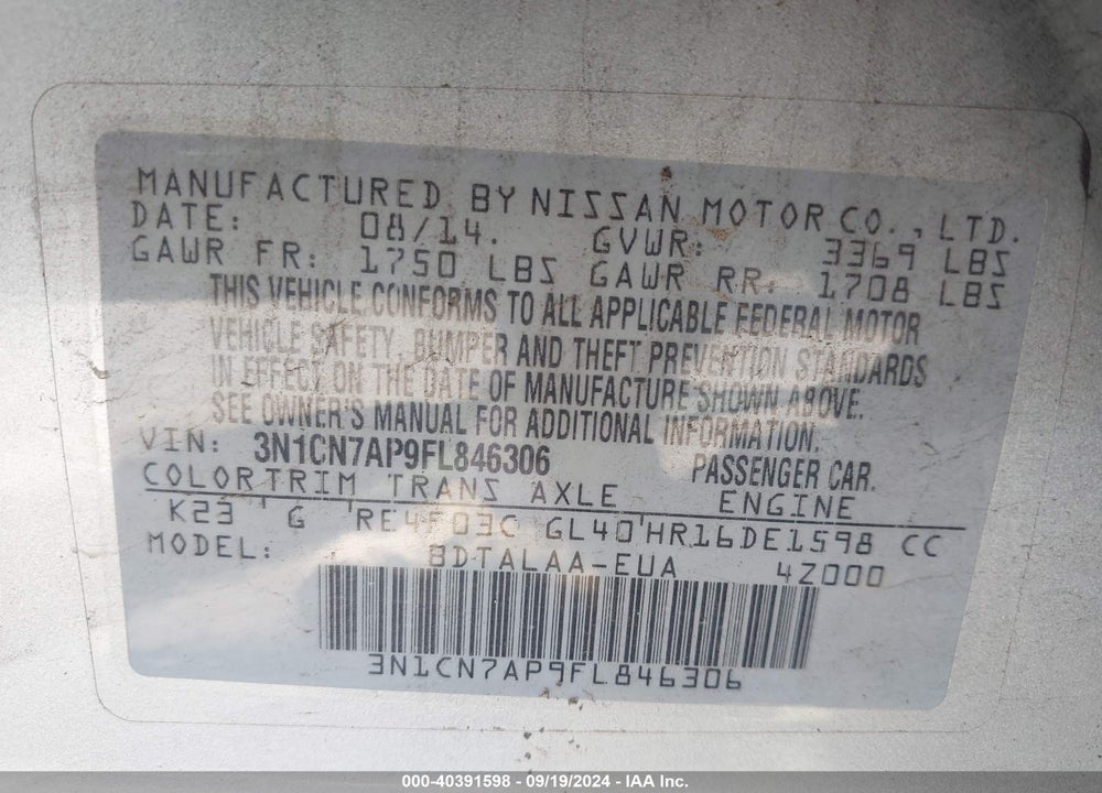 2015 NISSAN VERSA 1.6 S+ VIN: 3N1CN7AP9FL846306