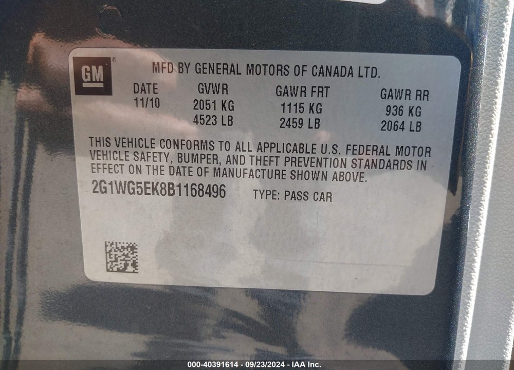 2011 CHEVROLET IMPALA LT VIN: 2G1WG5EK8B1168496