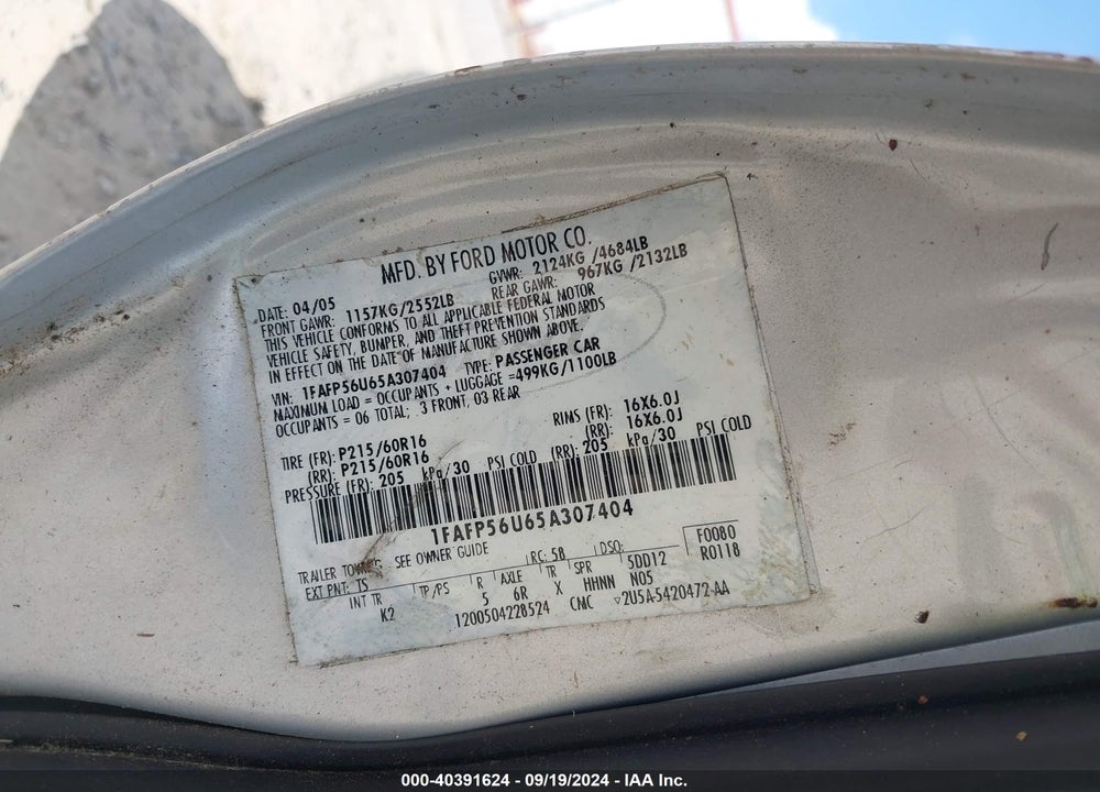 2005 FORD TAURUS SEL VIN: 1FAFP56U65A307404