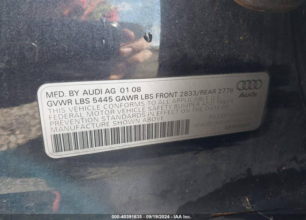 2008 AUDI A6 4.2 VIN: WAUDV94F68N094533