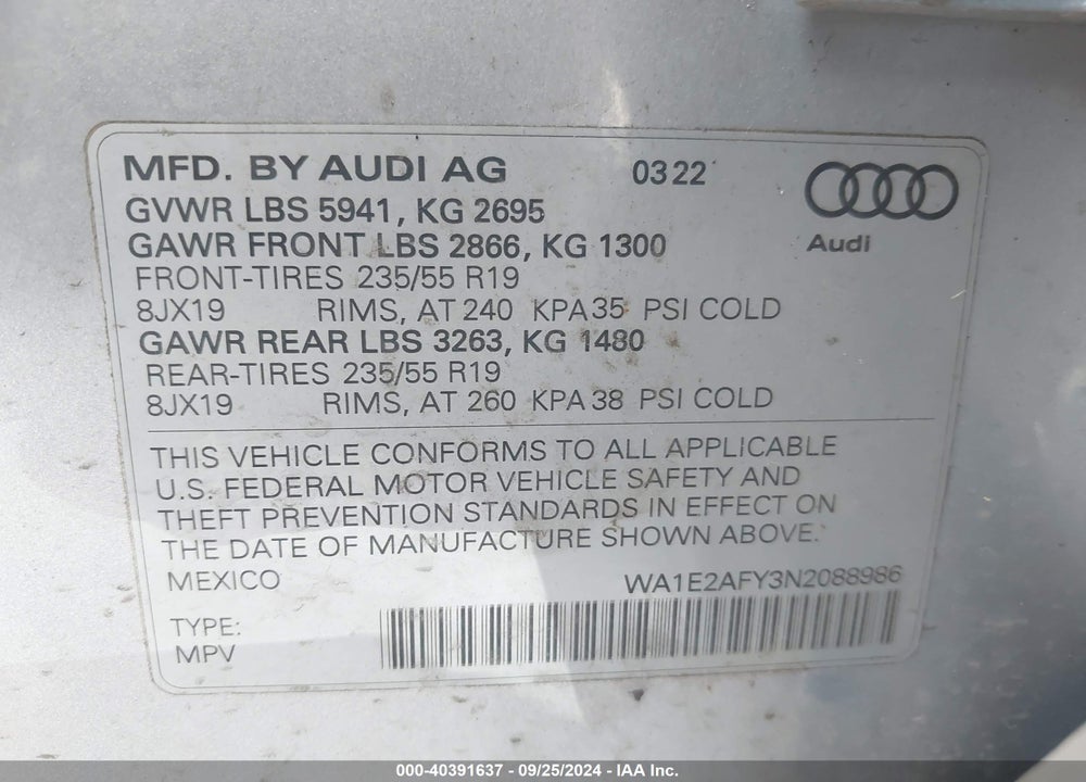 2022 AUDI Q5 PREMIUM PLUS 55 TFSI E S LINE QUATTRO S TRONIC VIN: WA1E2AFY3N2088986