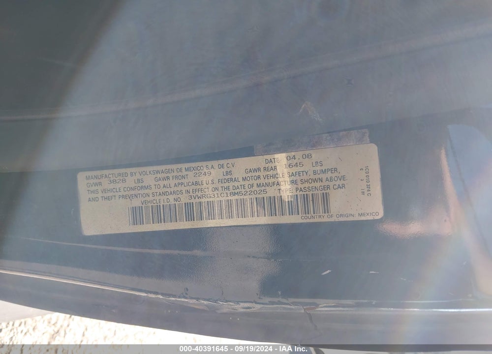 2008 VOLKSWAGEN NEW BEETLE S/SE VIN: 3VWRG31C18M522025