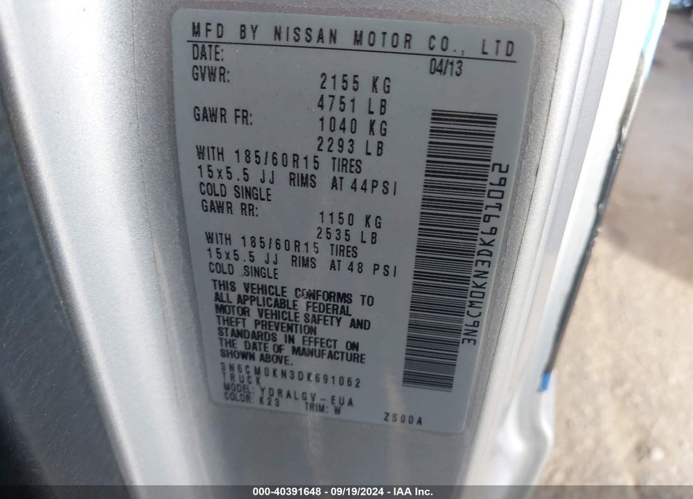 2013 NISSAN NV200 SV VIN: 3N6CM0KN3DK691062