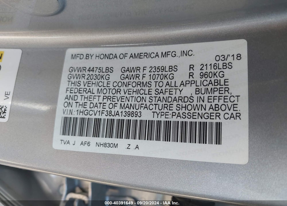 2018 HONDA ACCORD SPORT VIN: 1HGCV1F38JA139893