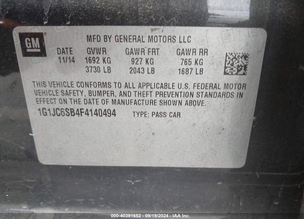 2015 CHEVROLET SONIC LT AUTO VIN: 1G1JC6SB4F4140494