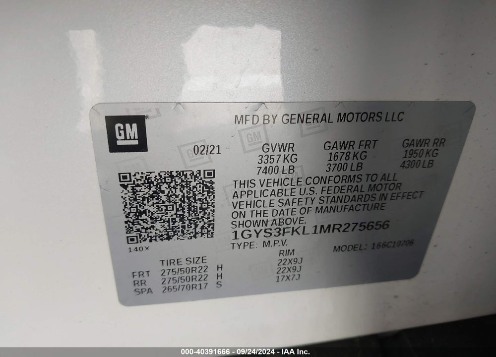 2021 CADILLAC ESCALADE 2WD SPORT VIN: 1GYS3FKL1MR275656
