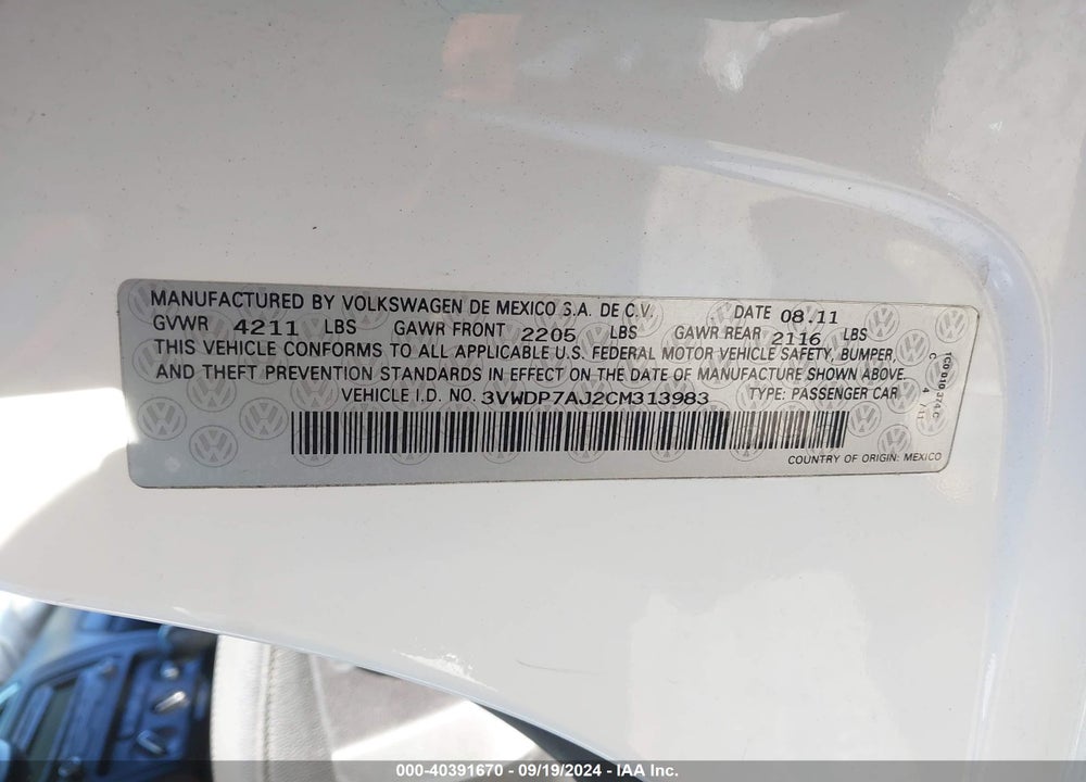 2012 VOLKSWAGEN JETTA 2.5L SE VIN: 3VWDP7AJ2CM313983