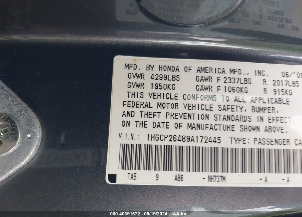 2009 HONDA ACCORD 2.4 LX-P VIN: 1HGCP26489A172445