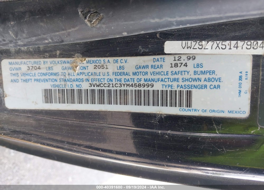 2000 VOLKSWAGEN NEW BEETLE GLS VIN: 3VWCC21C3YM458999