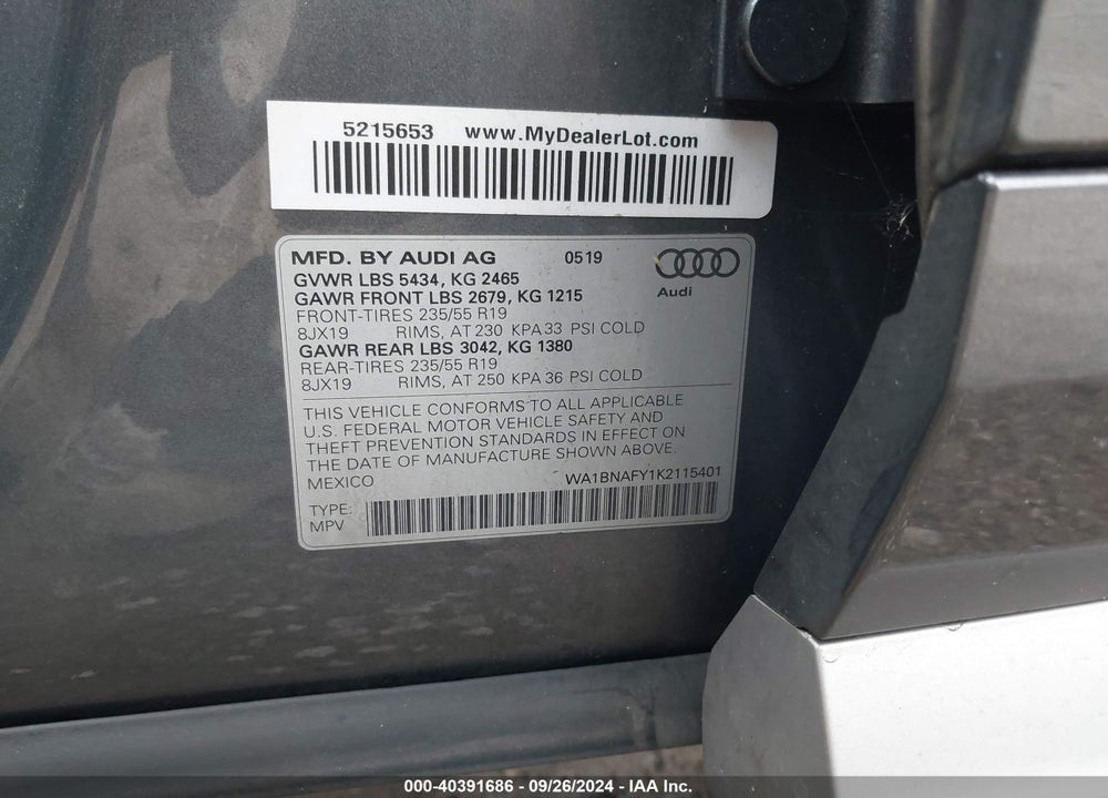 2019 AUDI Q5 45 PREMIUM VIN: WA1BNAFY1K2115401