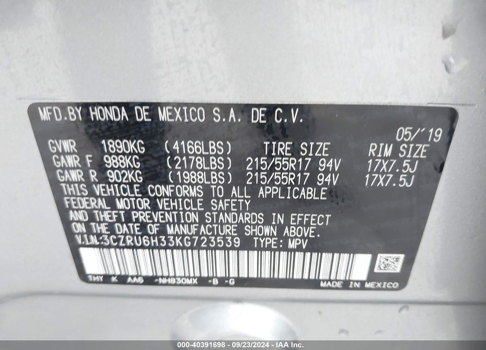 2019 HONDA HR-V LX VIN: 3CZRU6H33KG723539