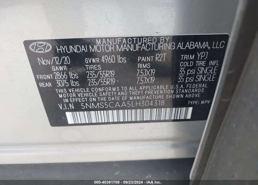2020 HYUNDAI SANTA FE LIMITED 2.0T VIN: 5NMS5CAA5LH304318