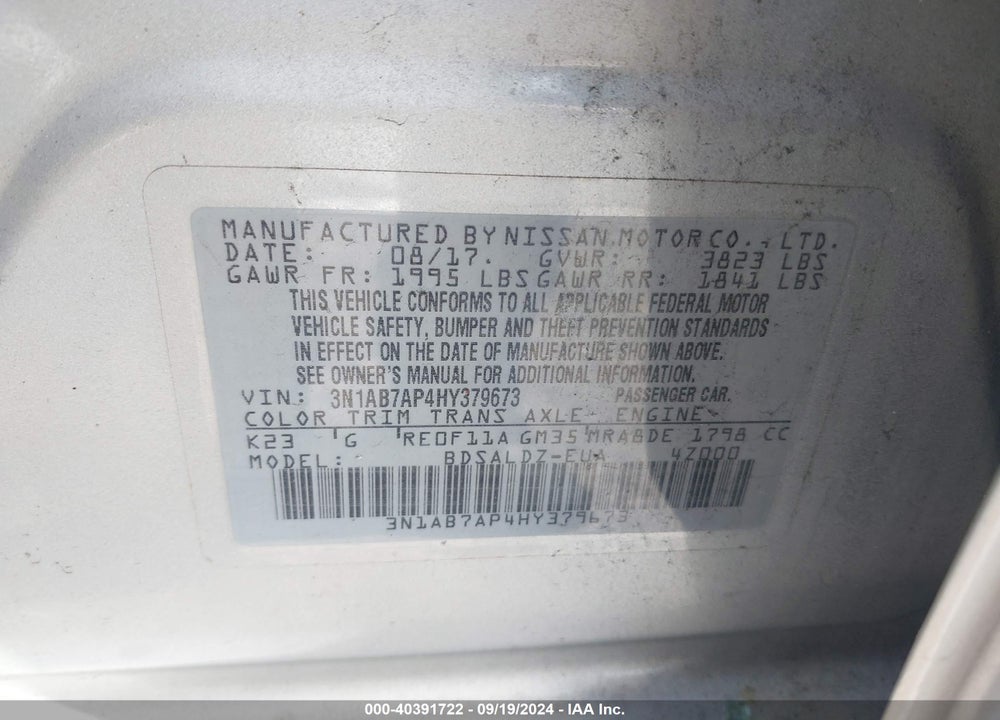 2017 NISSAN SENTRA SV VIN: 3N1AB7AP4HY379673