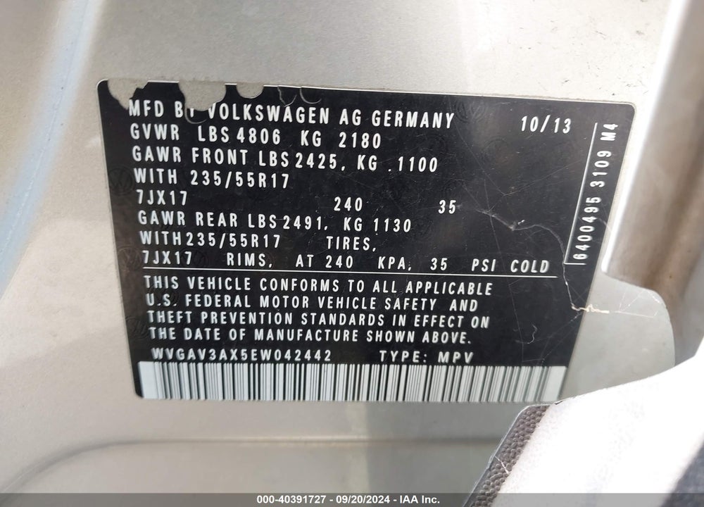 2014 VOLKSWAGEN TIGUAN SE VIN: WVGAV3AX5EW042442