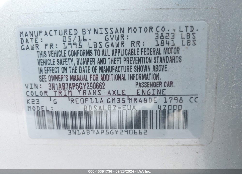 2016 NISSAN SENTRA S VIN: 3N1AB7AP5GY290662