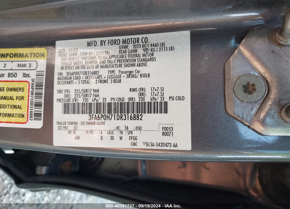2013 FORD FUSION VIN: 3FA6P0H71DR316882