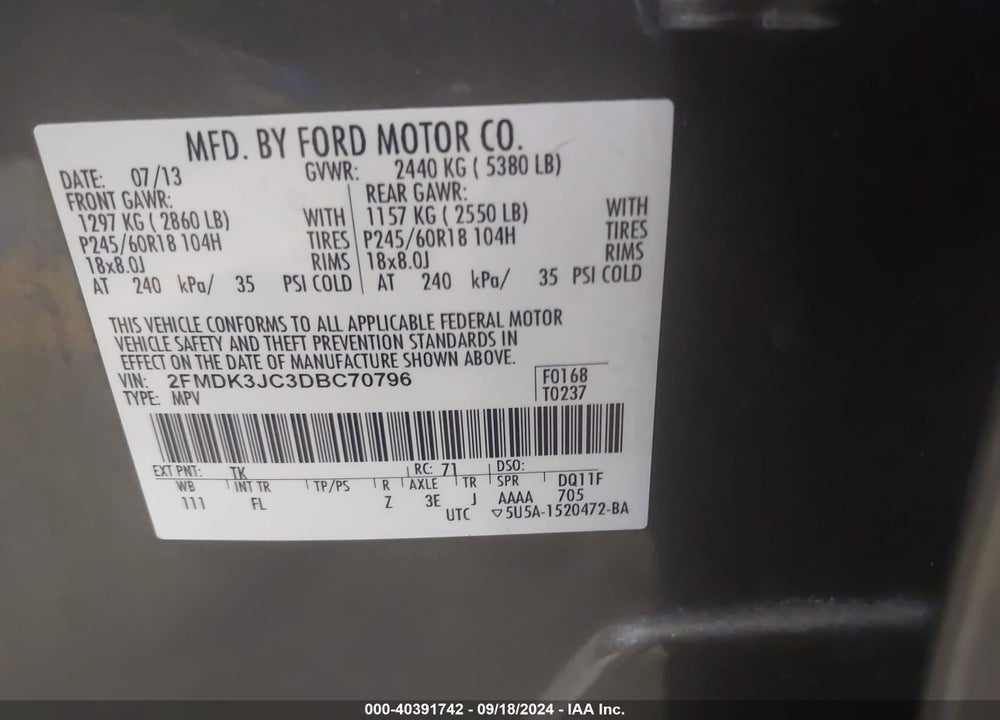 2013 FORD EDGE SEL VIN: 2FMDK3JC3DBC70796