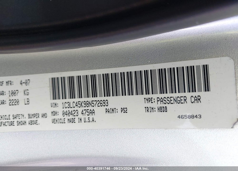 2008 CHRYSLER SEBRING LX VIN: 1C3LC45K98N572693