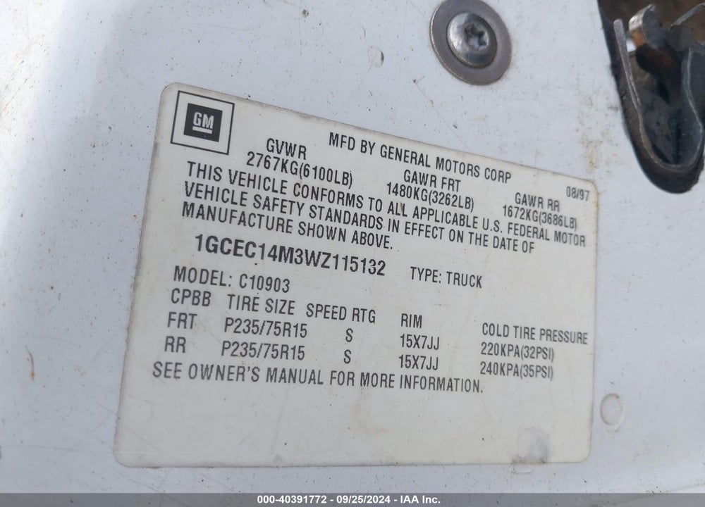 1998 CHEVROLET C1500 FLEETSIDE VIN: 1GCEC14M3WZ115132