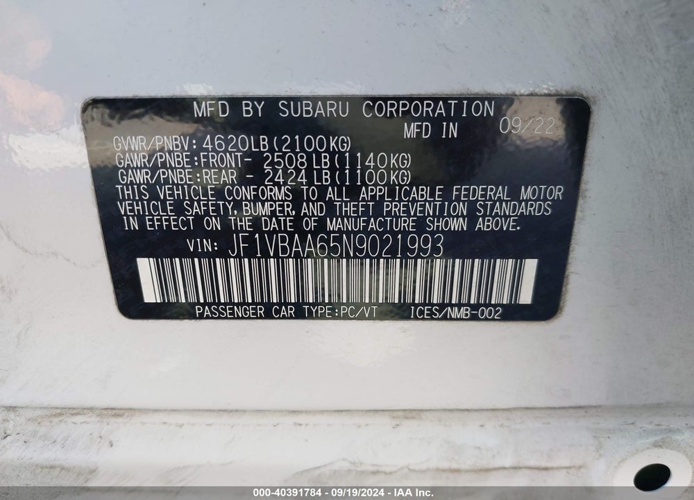 2022 SUBARU WRX VIN: JF1VBAA65N9021993