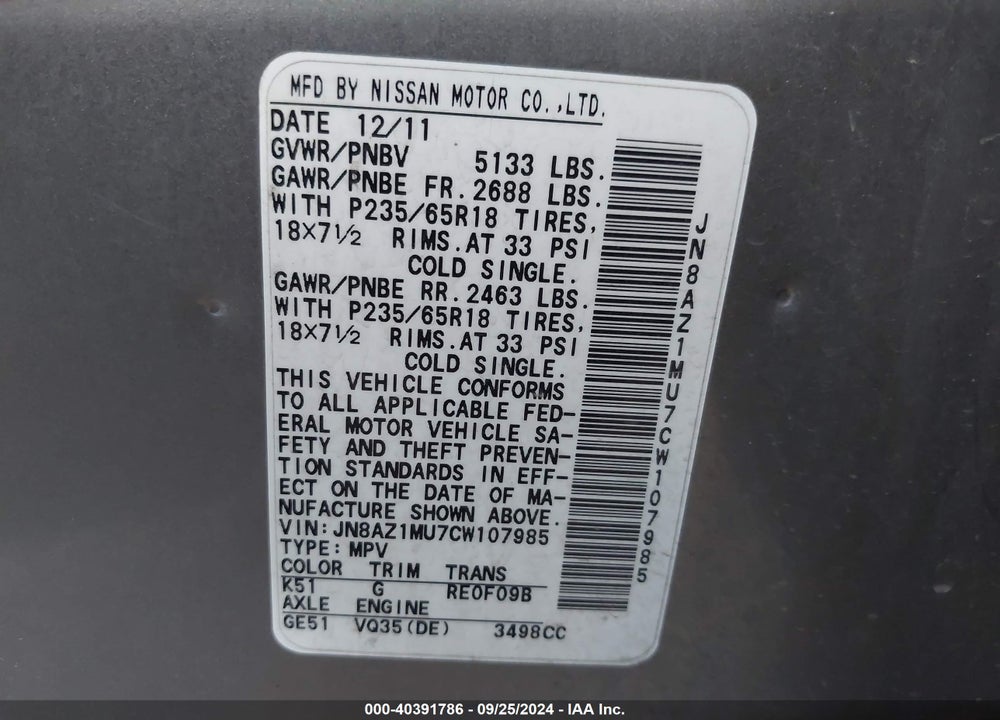 2012 NISSAN MURANO S VIN: JN8AZ1MU7CW107985