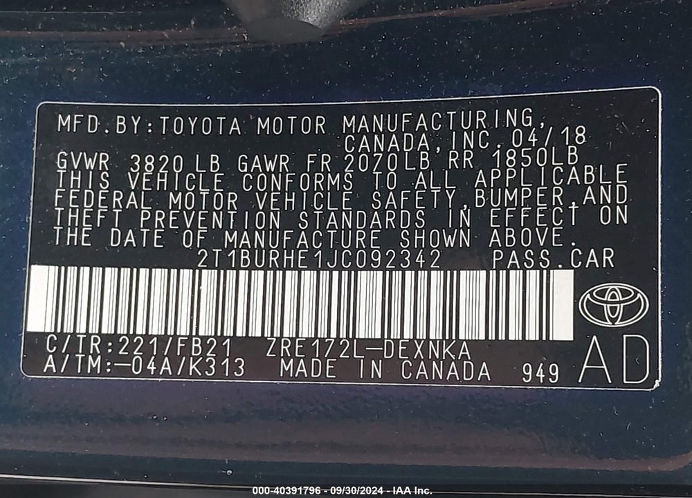 2018 TOYOTA COROLLA VIN: 2T1BURHE1JC092342