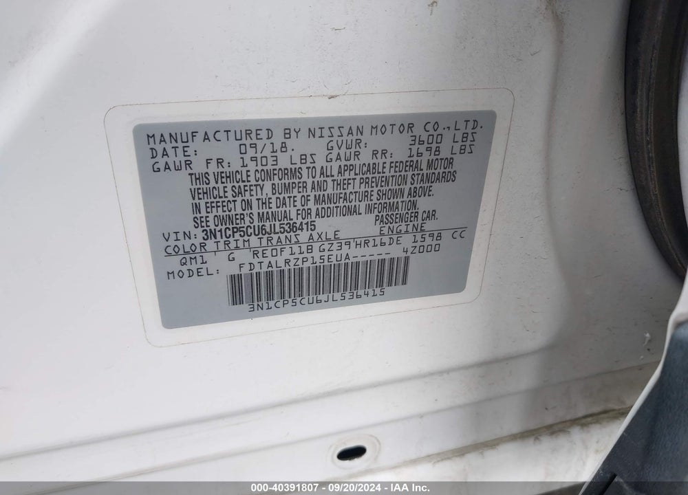 2018 NISSAN KICKS S VIN: 3N1CP5CU6JL536415