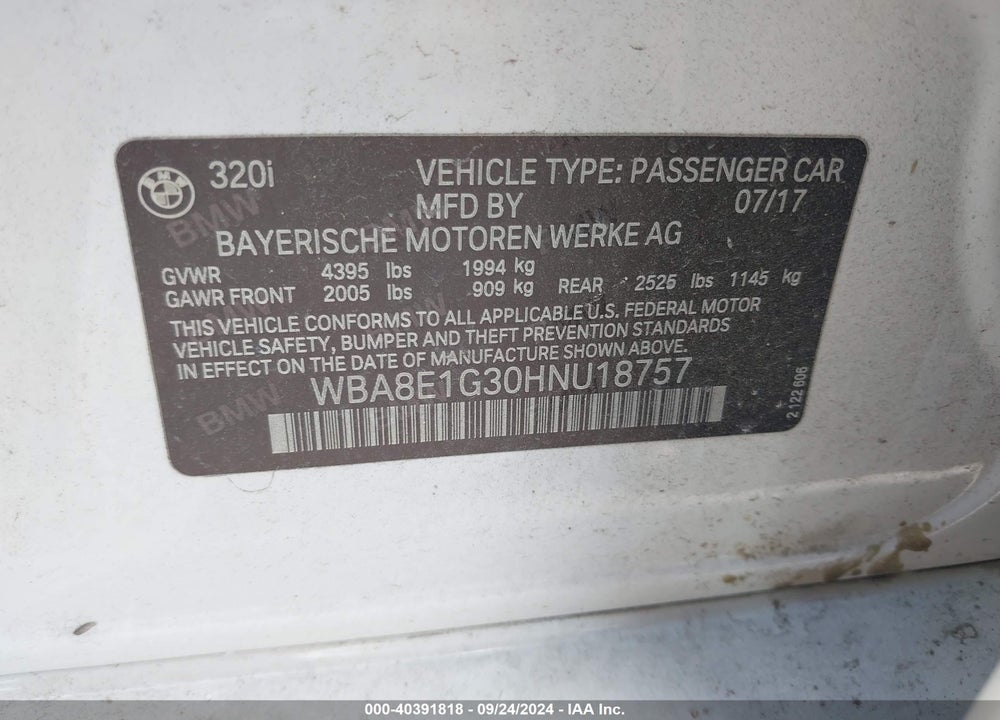 2017 BMW 320I VIN: WBA8E1G30HNU18757