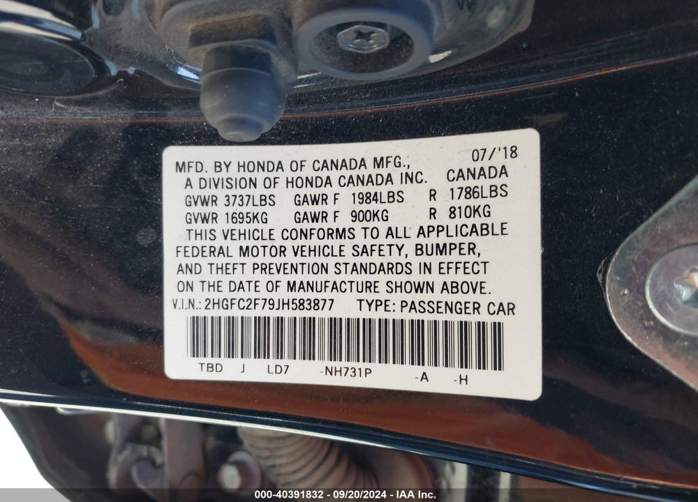 2018 HONDA CIVIC EX VIN: 2HGFC2F79JH583877