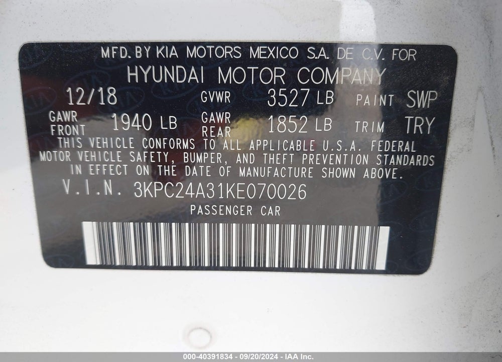2019 HYUNDAI ACCENT SE VIN: 3KPC24A31KE070026