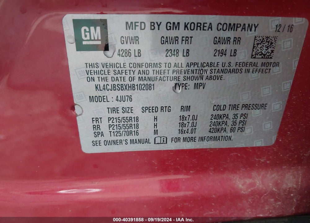 2017 BUICK ENCORE PREFERRED II VIN: KL4CJBSBXHB102081