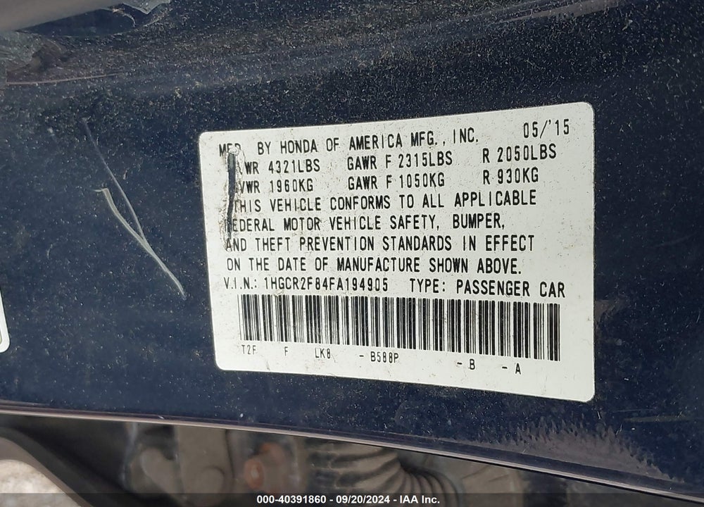 2015 HONDA ACCORD EX-L VIN: 1HGCR2F84FA194905