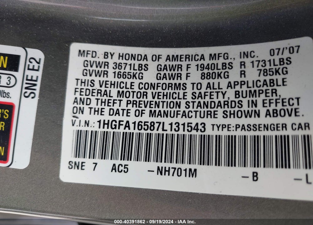 2007 HONDA CIVIC LX VIN: 1HGFA16587L131543
