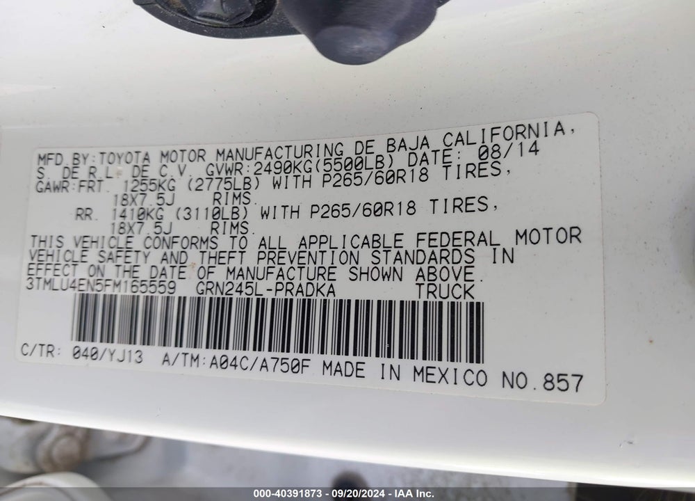 2015 TOYOTA TACOMA BASE V6 VIN: 3TMLU4EN5FM165559