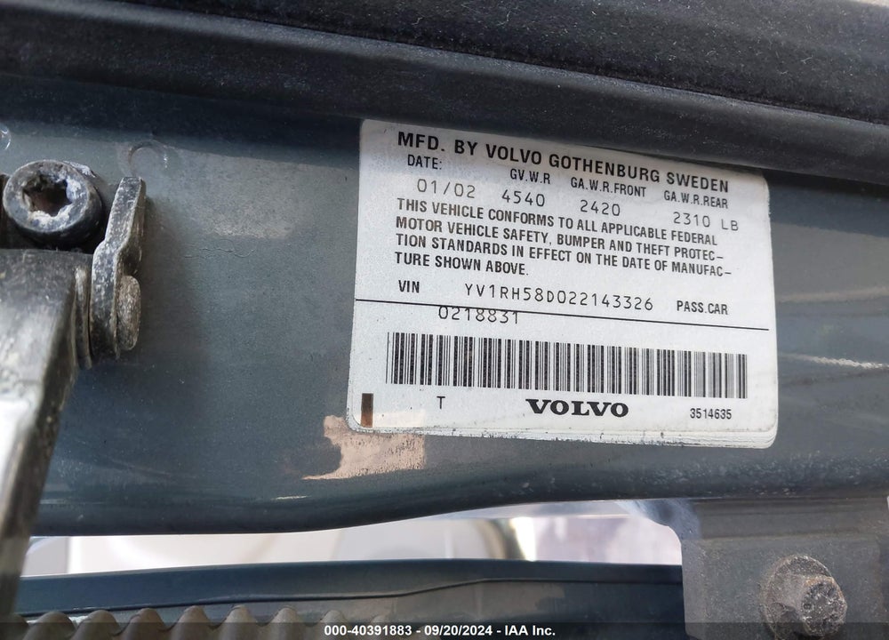 2002 VOLVO S60 AWD VIN: YV1RH58D022143326
