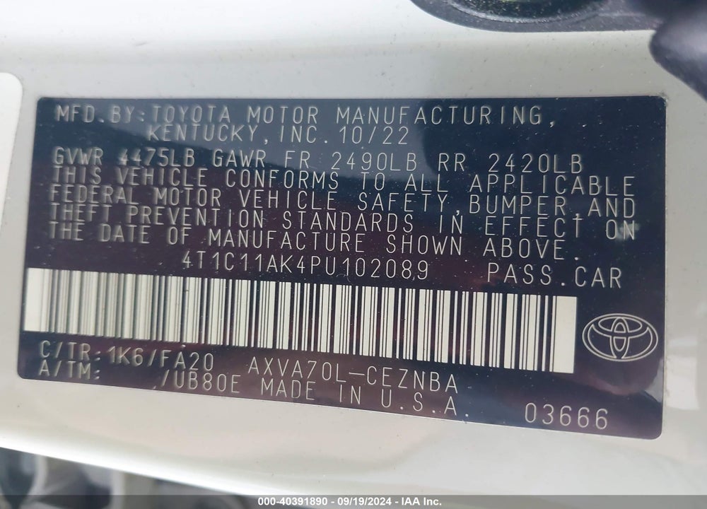 2023 TOYOTA CAMRY LE VIN: 4T1C11AK4PU102089