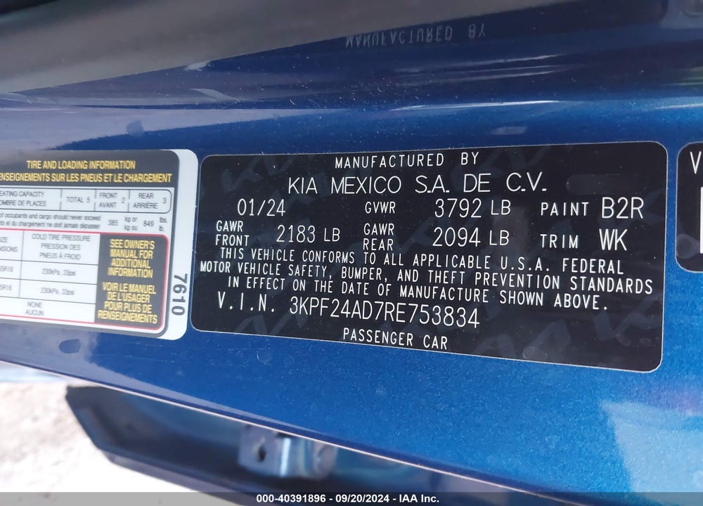 2024 KIA FORTE LXS VIN: 3KPF24AD7RE753834